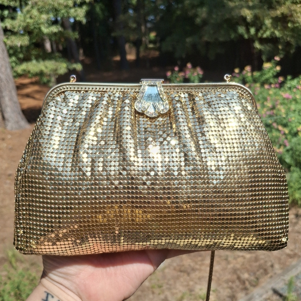 Vintage Whiting & Davis Gold Chain Mesh Art Deco Rhinestone Clasp Evening Bag - Picture 2 of 14
